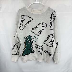 Aelfric Eden Women L Dinosaur Sweater Graphic Print Pullover Crew Neck Stretch